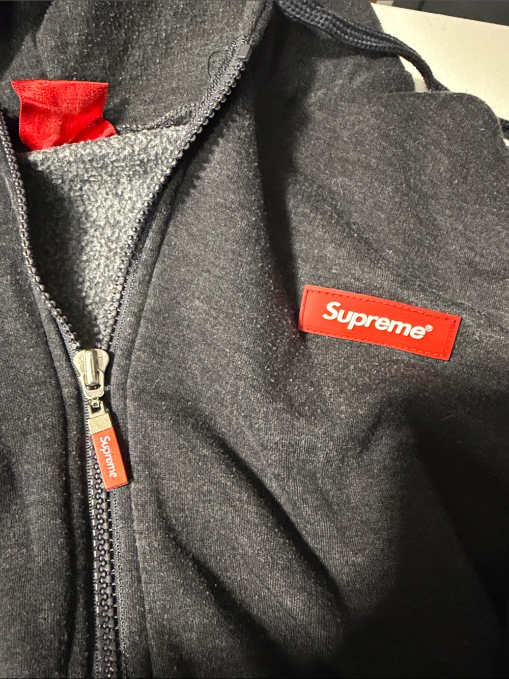 Supreme Dark Charcoal Zip Hoodie with Red Logo - Picture 6 of 6